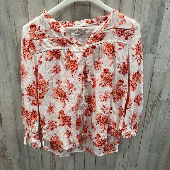 Loft White Floral Lightweight Cotton Button Front Gauzy Breezy Top Lace Medium - Picture 2 of 8